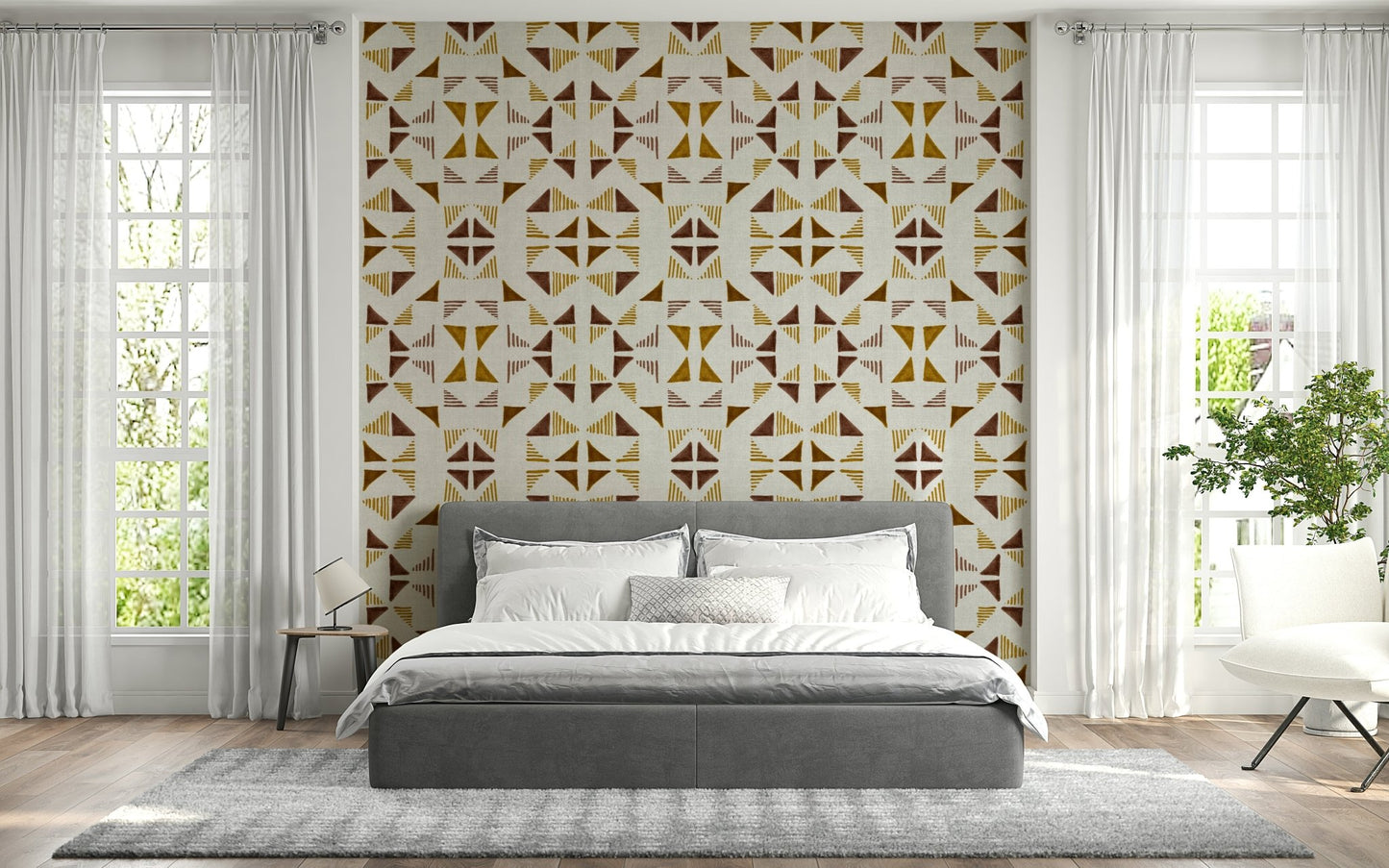 A beautiful geometric triangle wallpaper mural with warm, earthy tones.