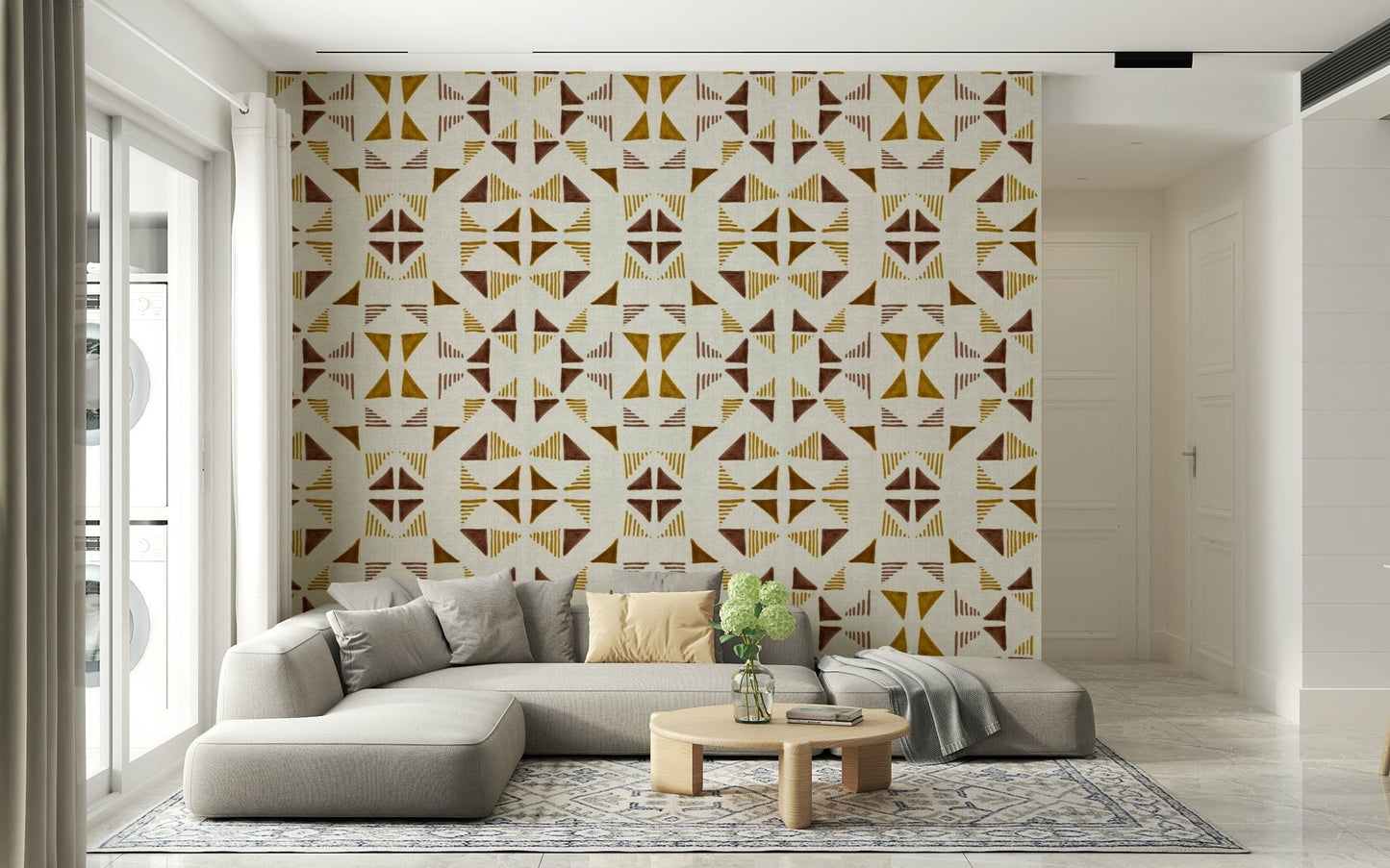A peaceful geometric design mural on decorative wallpaper.