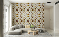 A peaceful geometric design mural on decorative wallpaper.