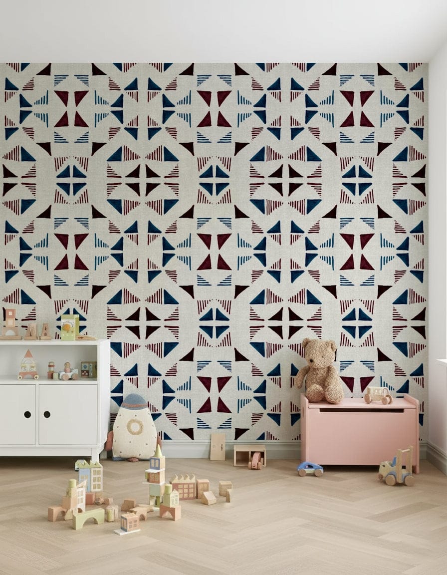 A peaceful geometric design mural on decorative wallpaper.