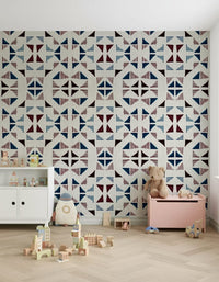 A peaceful geometric design mural on decorative wallpaper.