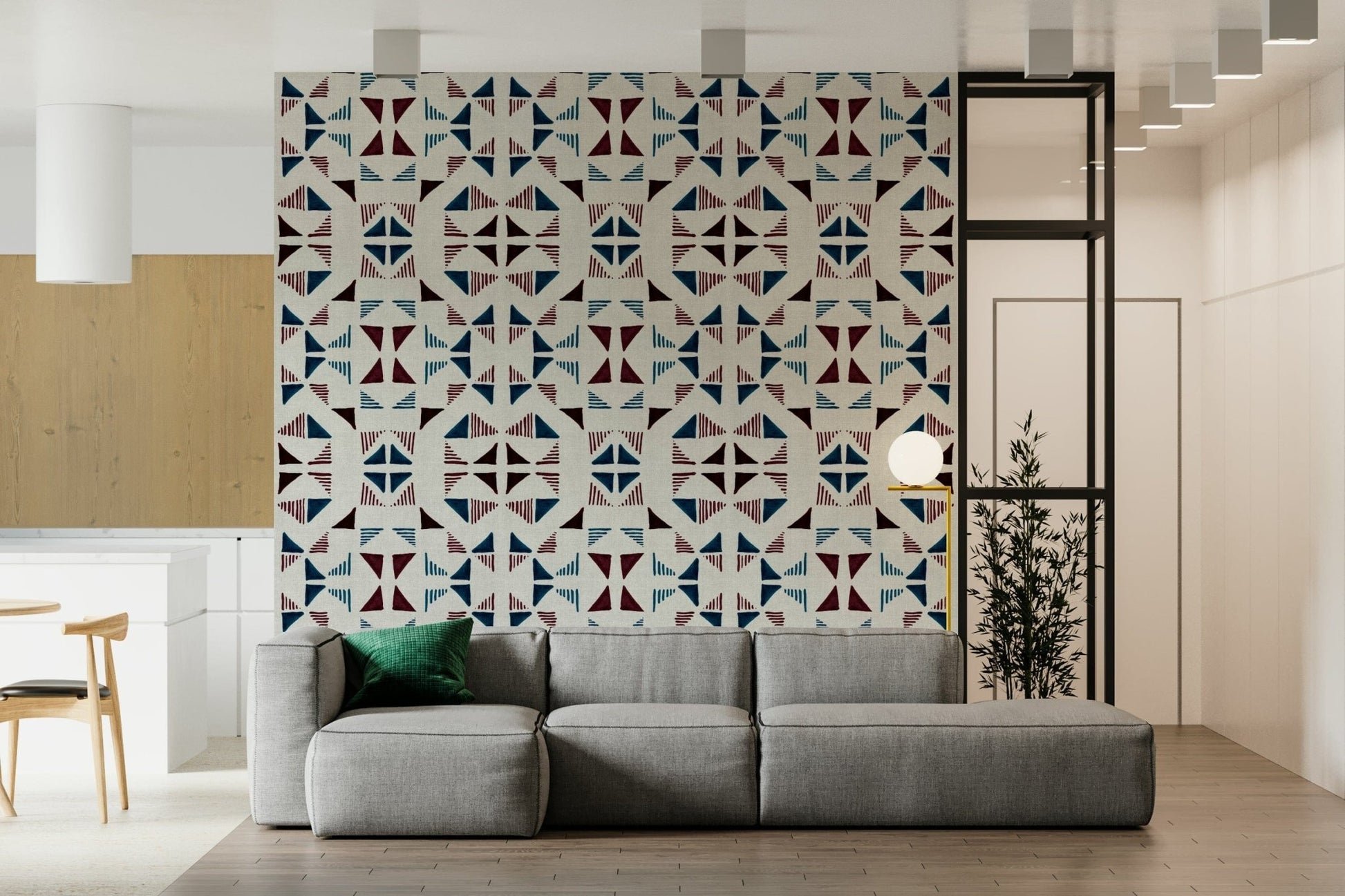 A serene abstract pattern wall mural in cool gray, white, and subtle blue tones.