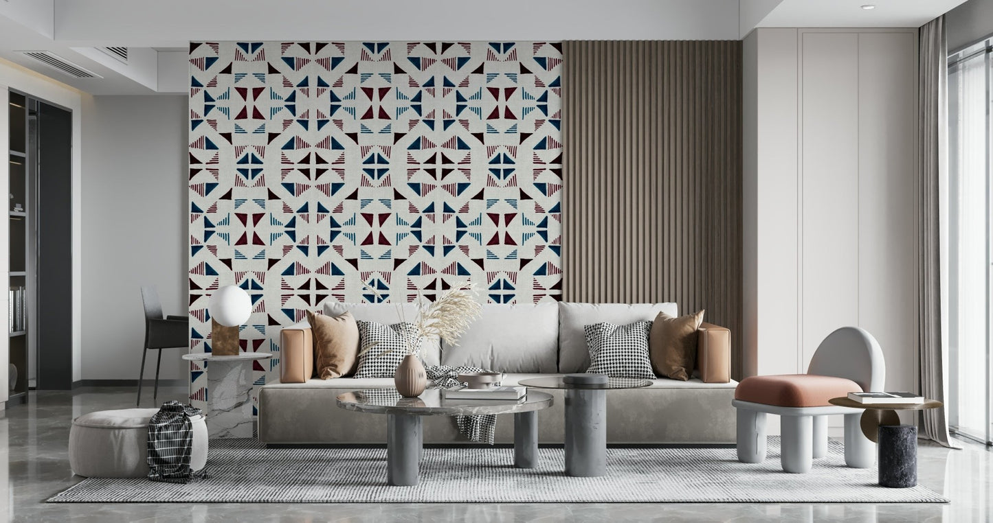 A contemplative geometric design wallpaper mural for a feature wall.