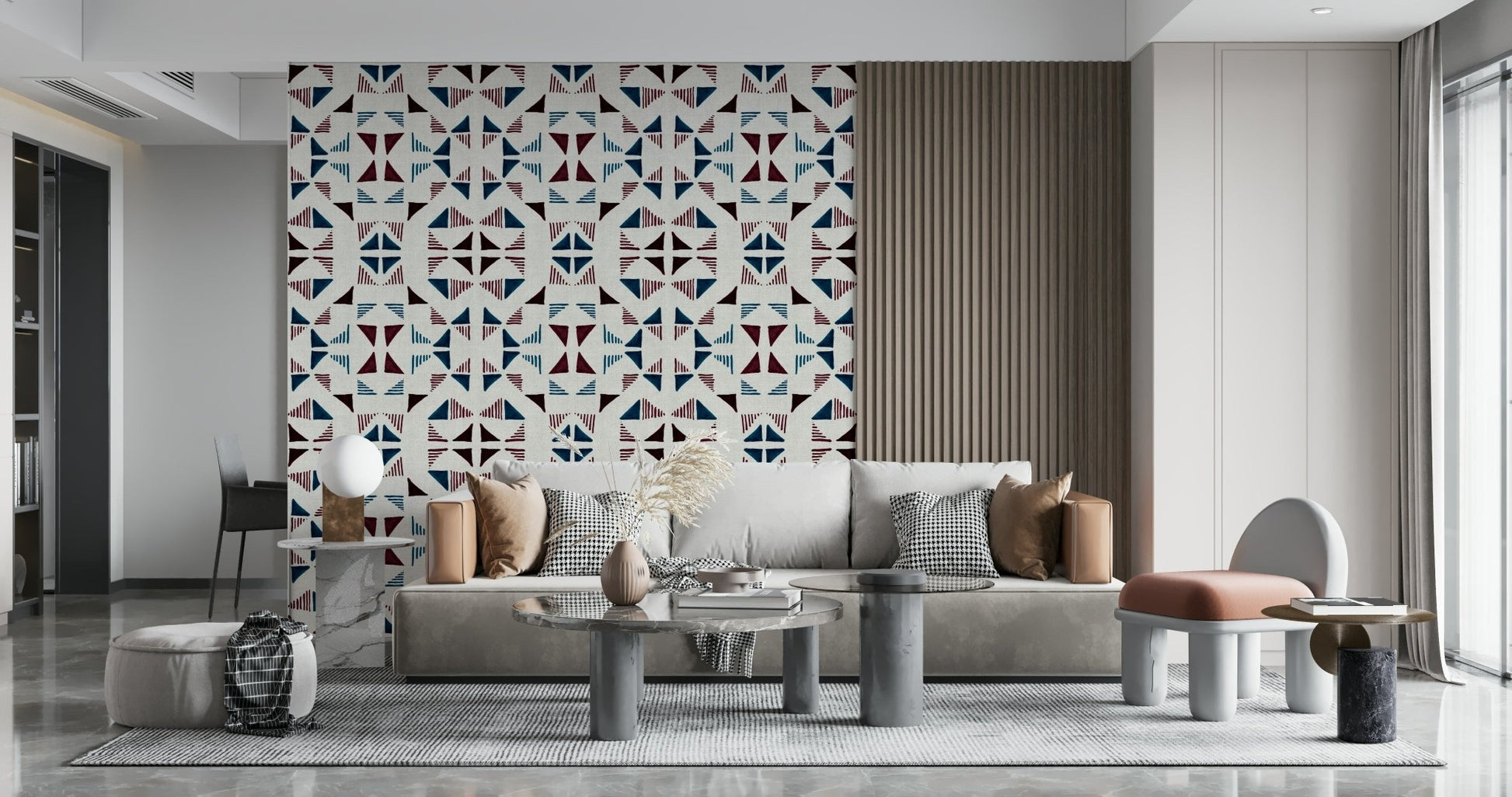 A contemplative geometric design wallpaper mural for a feature wall.