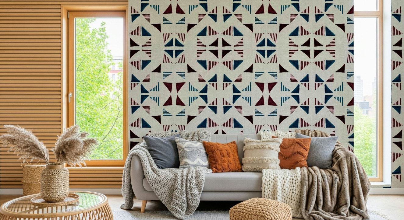 A beautiful geometric triangle wallpaper mural with a subtle frosty wood texture.
