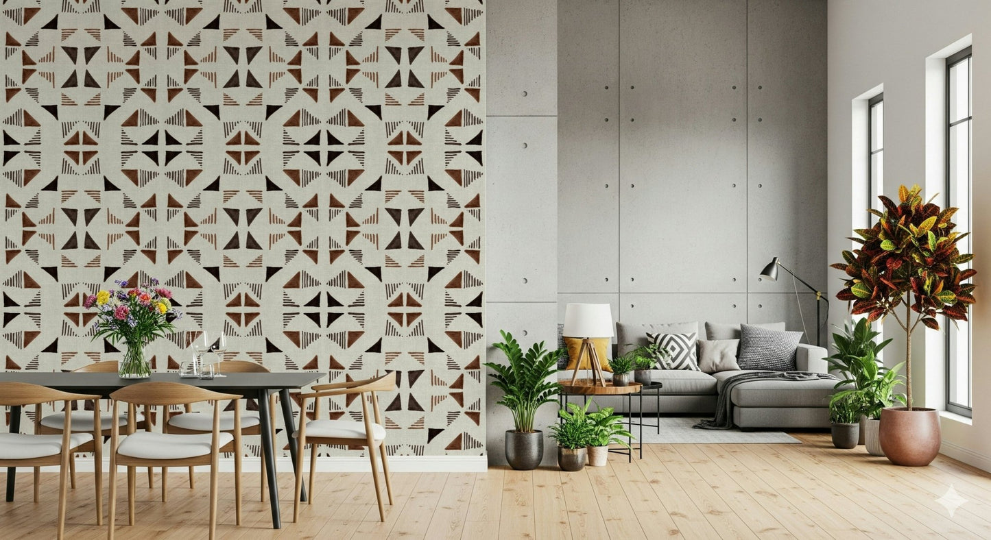 A beautiful geometric triangle wallpaper mural with a subtle wood grain texture.