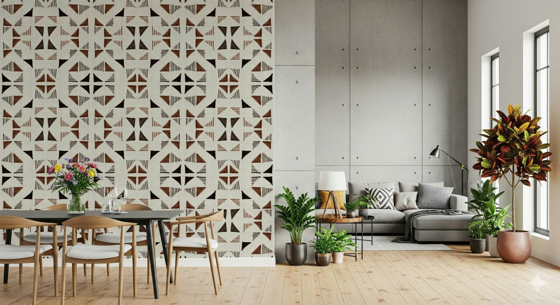 A beautiful geometric triangle wallpaper mural with a subtle wood grain texture.