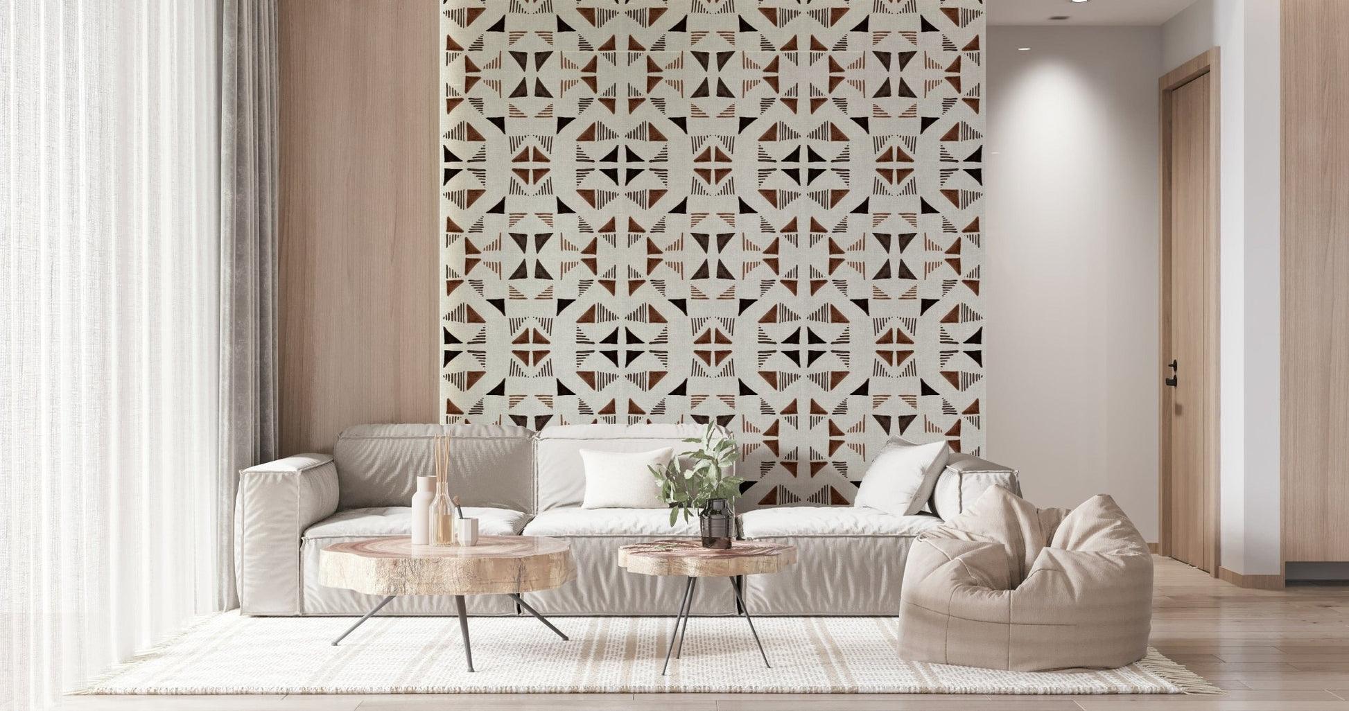 An artistic modern block mural on minimalist wallpaper.