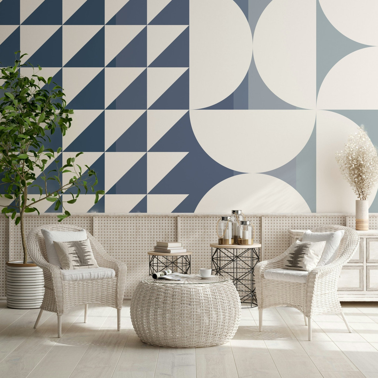 A beautiful abstract geometric wallpaper mural with triangles and curves.