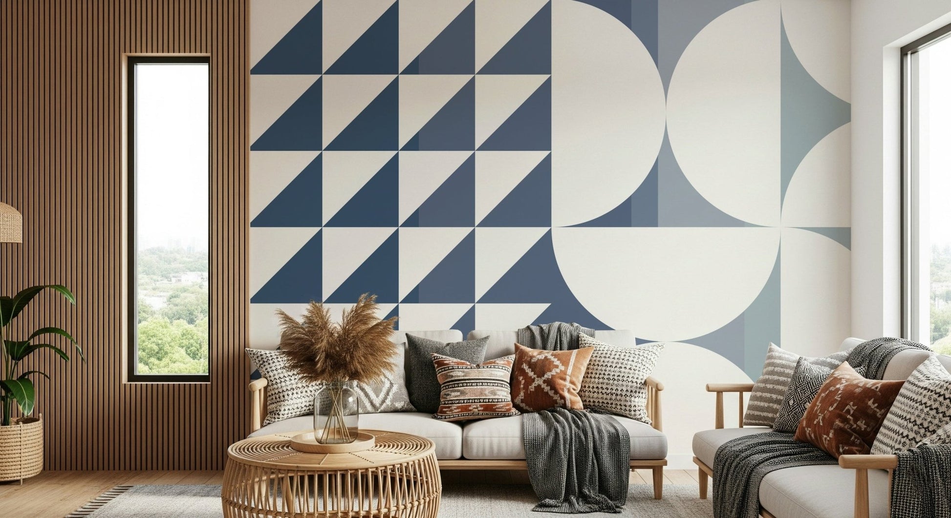A peaceful geometric abstract mural on decorative wallpaper., GD5330