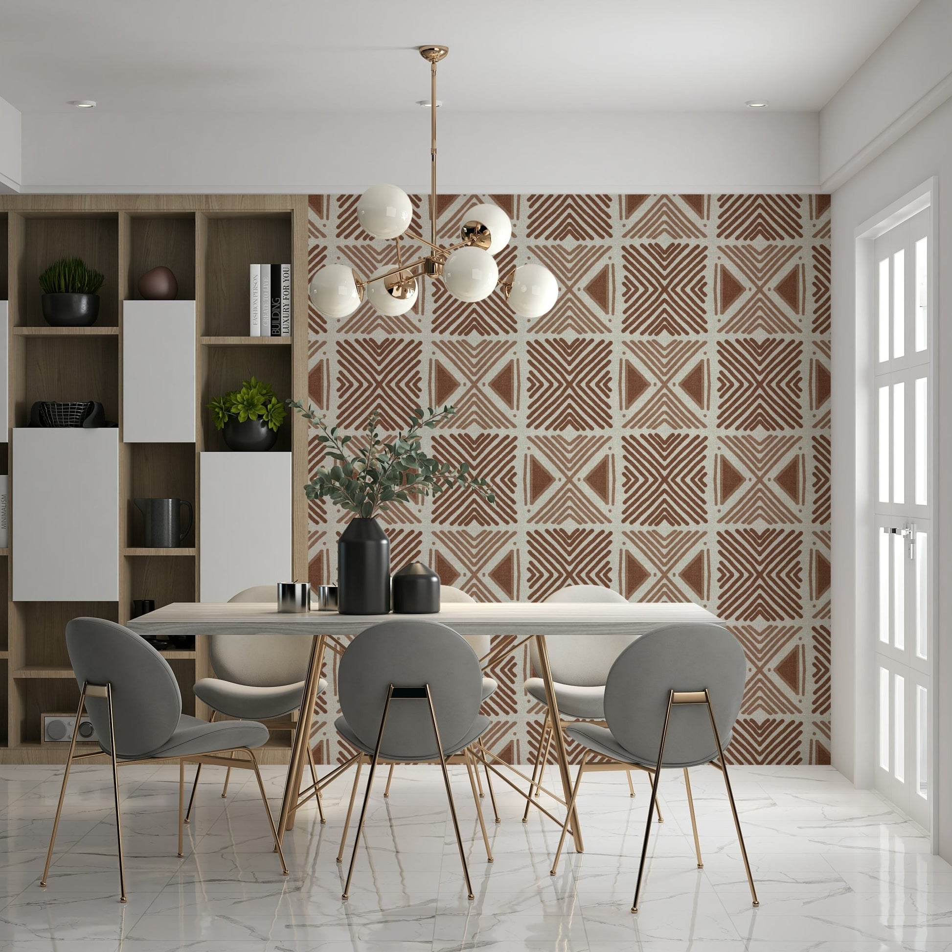 Cozy living room decor using the tribal motif wallpaper., GD6478