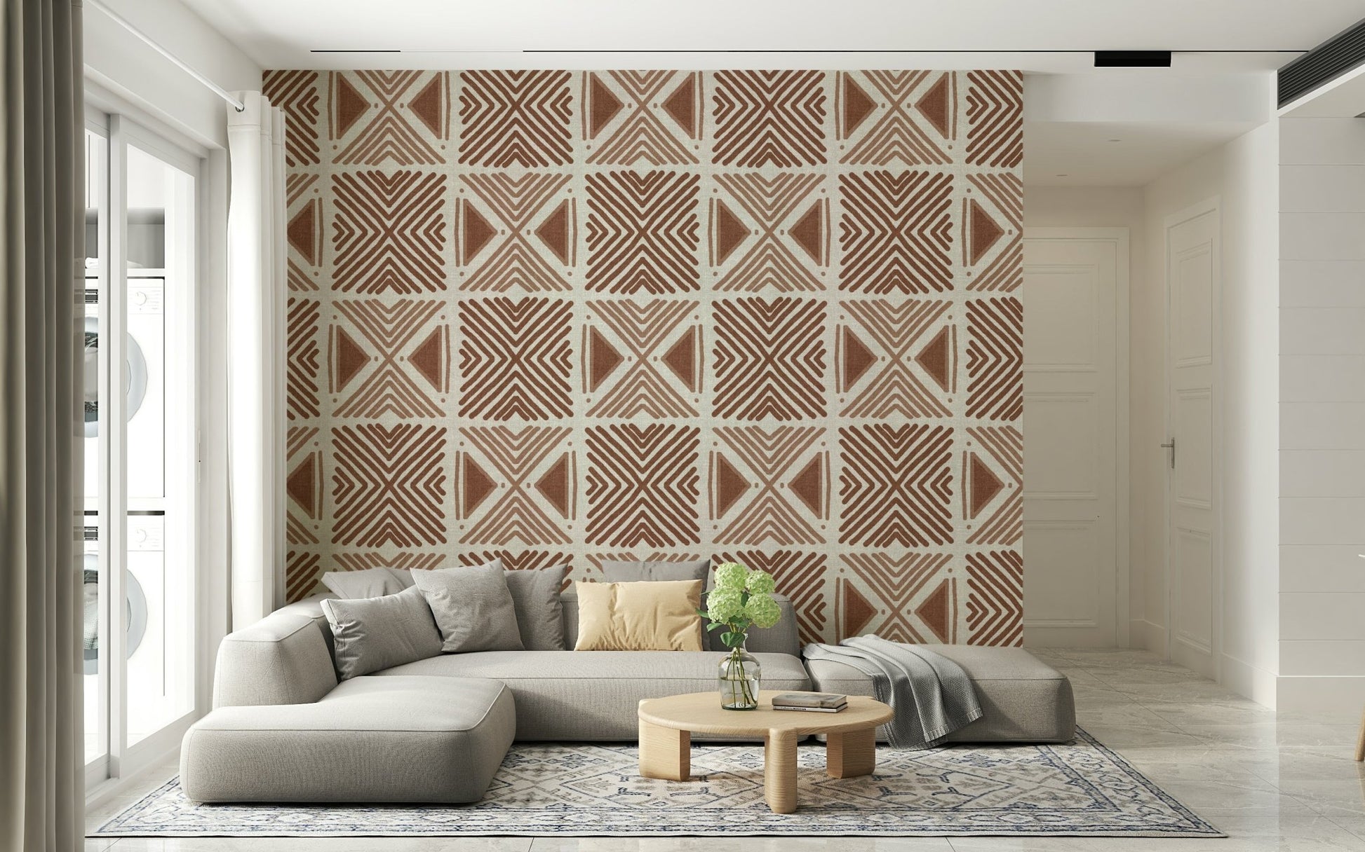 Hand-drawn brown lines on Tribal Cappuccino Motif Wallpaper., GD6478