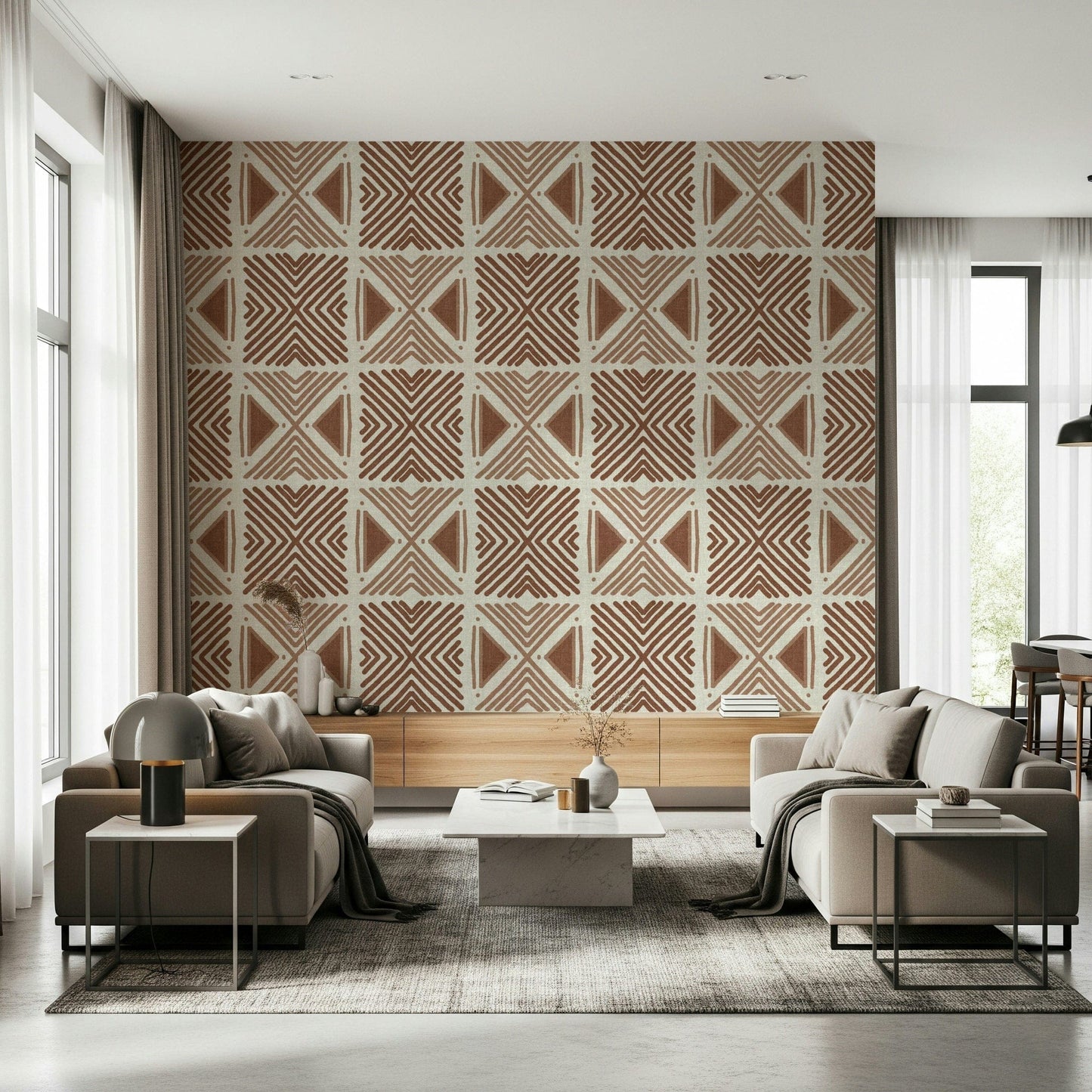 Abstract V-shaped lines on Tribal Cappuccino Motif Wallpaper., GD6478