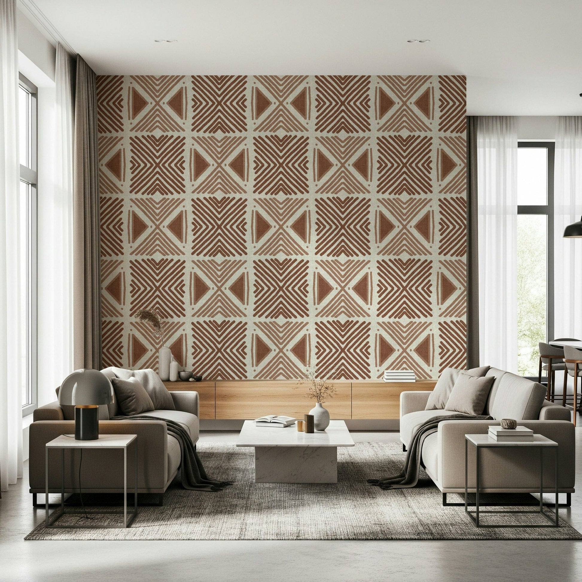 Abstract V-shaped lines on Tribal Cappuccino Motif Wallpaper., GD6478