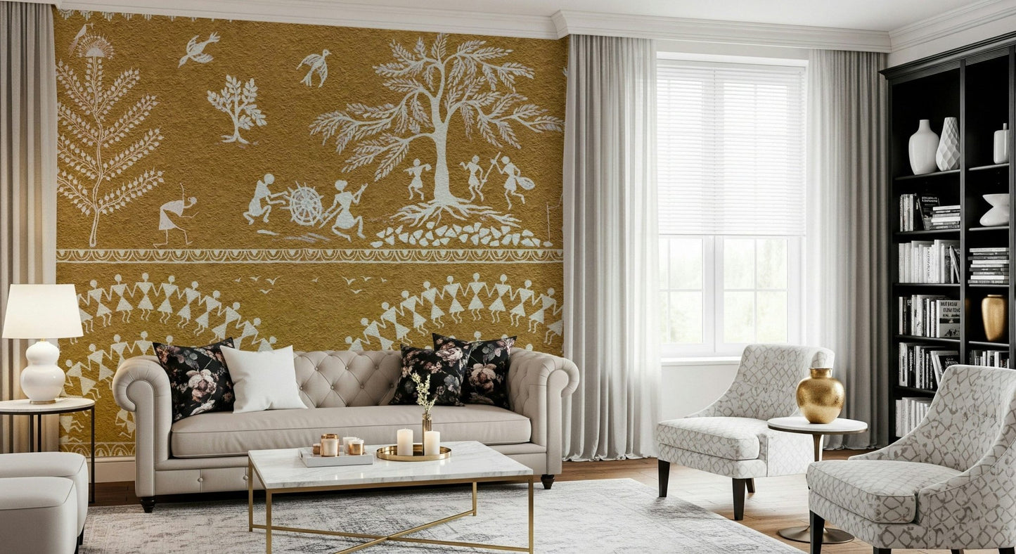 Abstract tribal dance wall mural in a bright hallway setting, GD7581