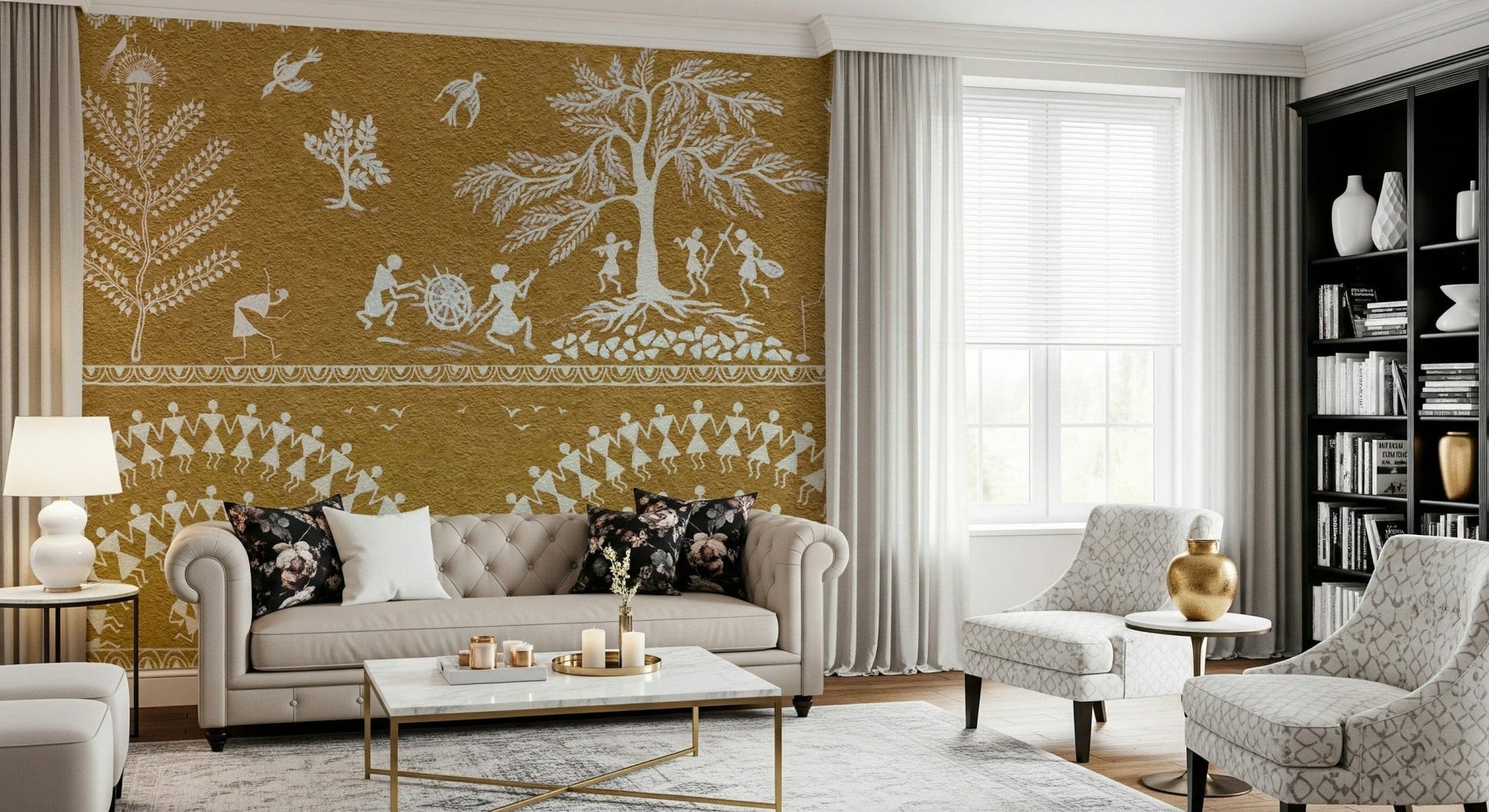 Abstract tribal dance wall mural in a bright hallway setting, GD7581