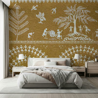 Ethnic silhouettes of people dancing on an earth toned wallpaper for a living room., GD7581
