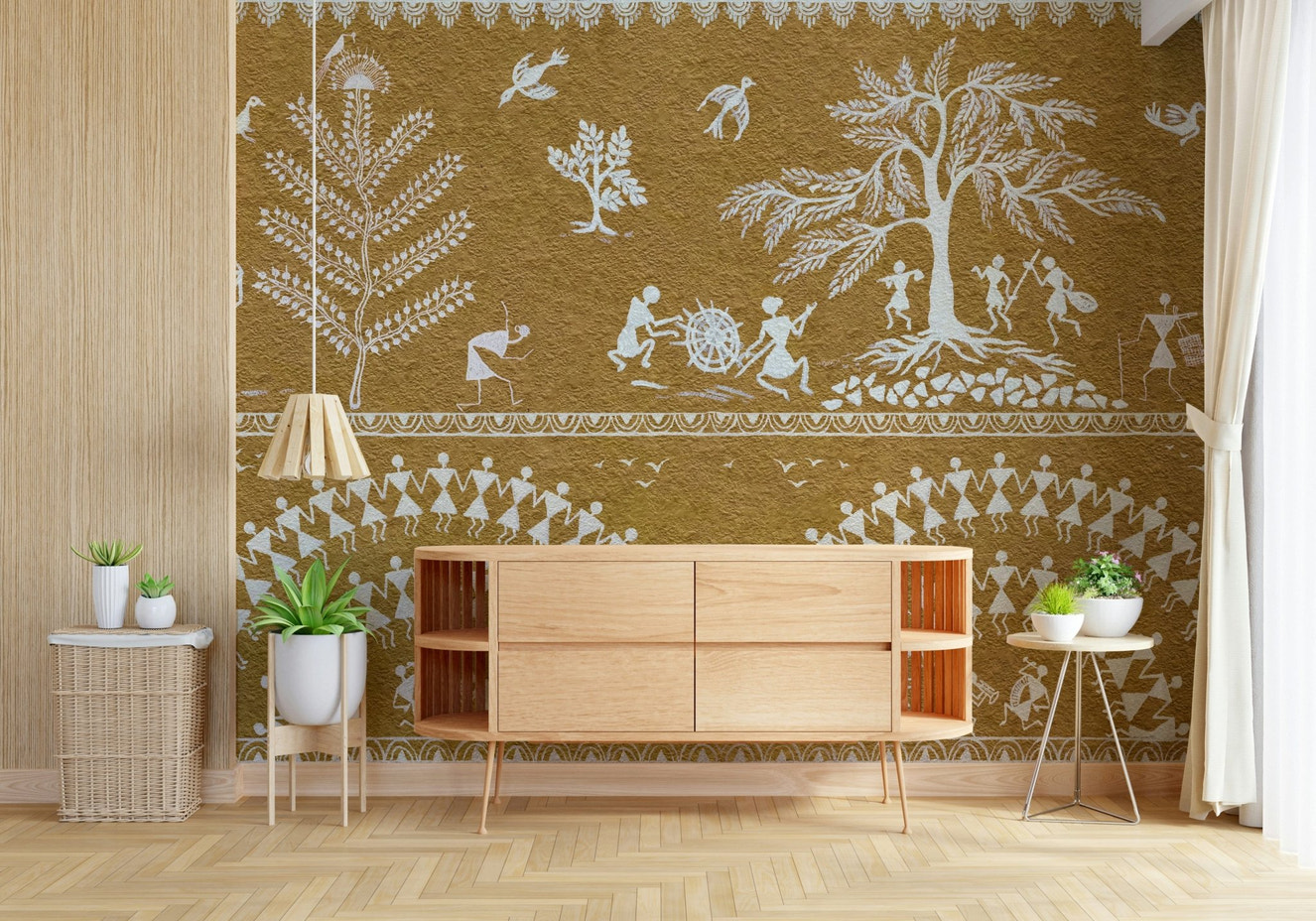 Tribal dance wall mural with ethnic figures in a modern living room