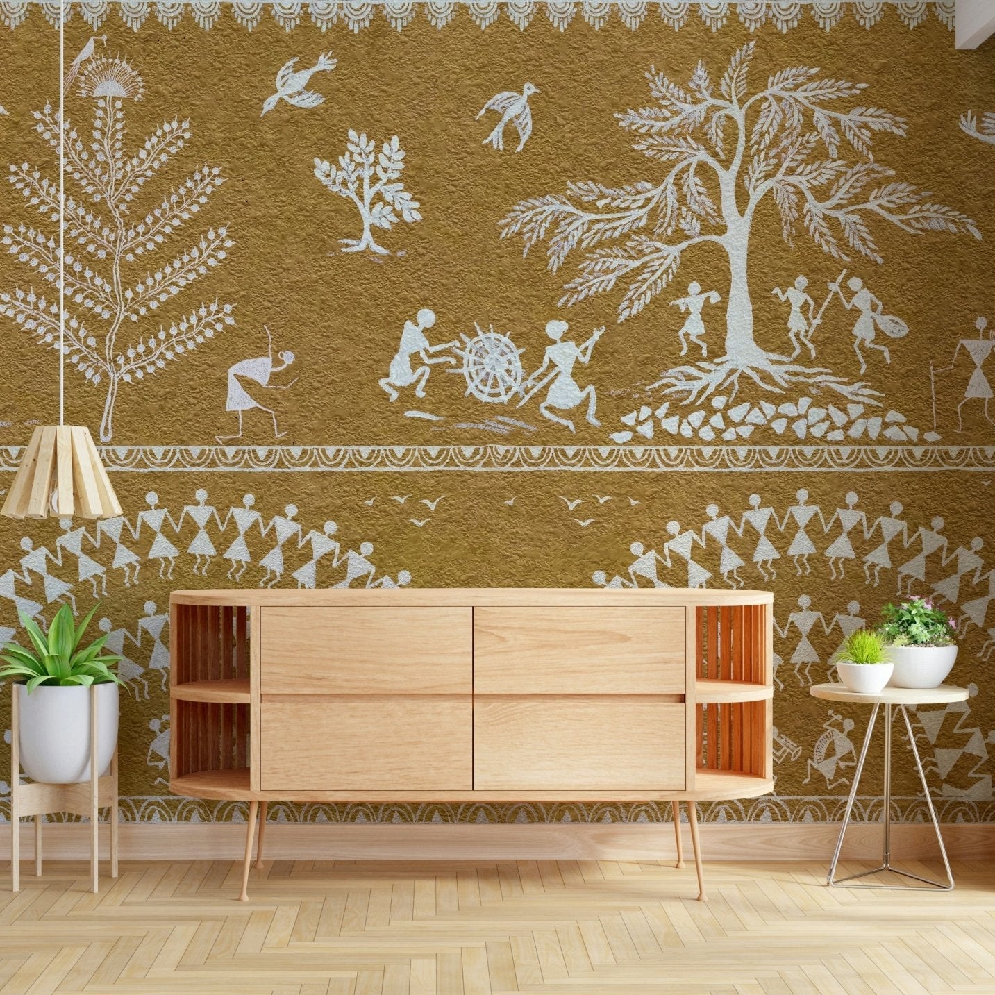 Tribal dance wall mural with ethnic figures in a modern living room, GD7581
