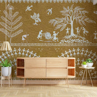 Tribal dance wall mural with ethnic figures in a modern living room, GD7581