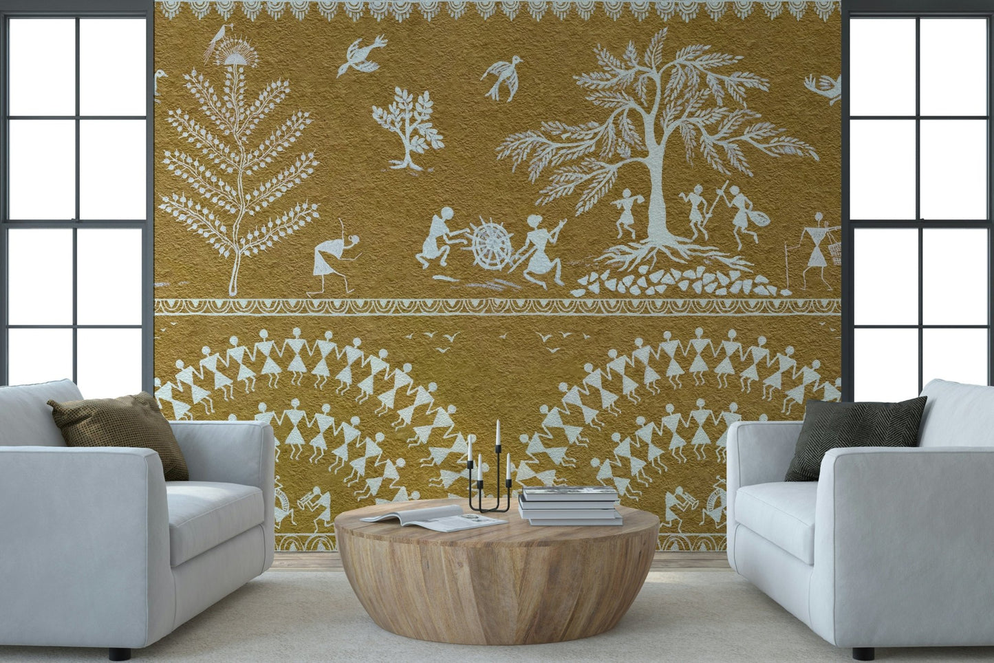 Geometric tribal dance wall mural in a minimalist study space, GD7581