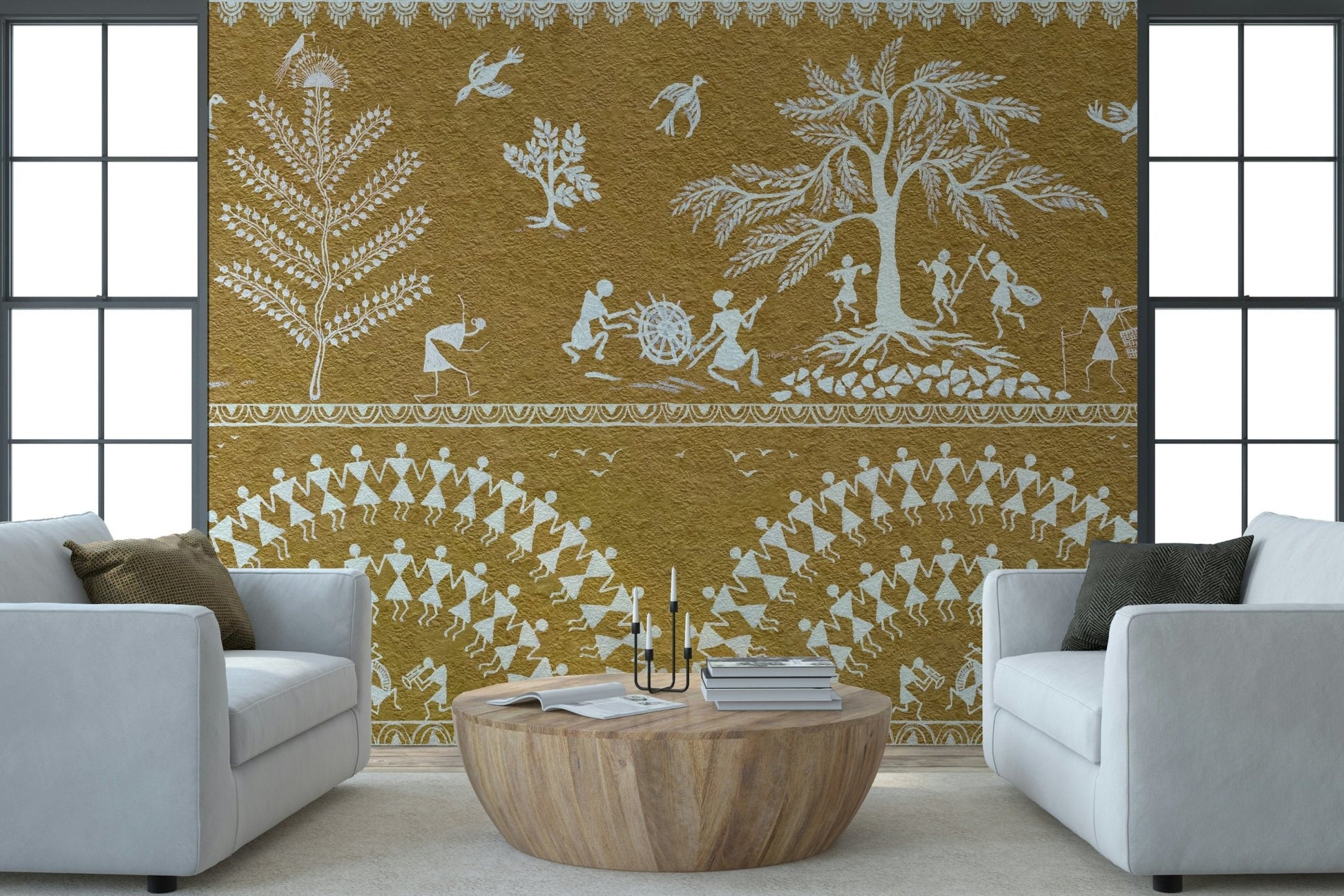 Geometric tribal dance wall mural in a minimalist study space, GD7581