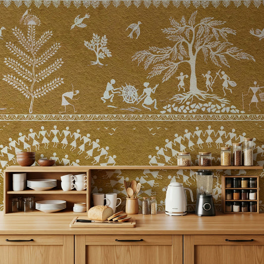 Earthy silhouette dance wallpaper for a contemporary lounge area