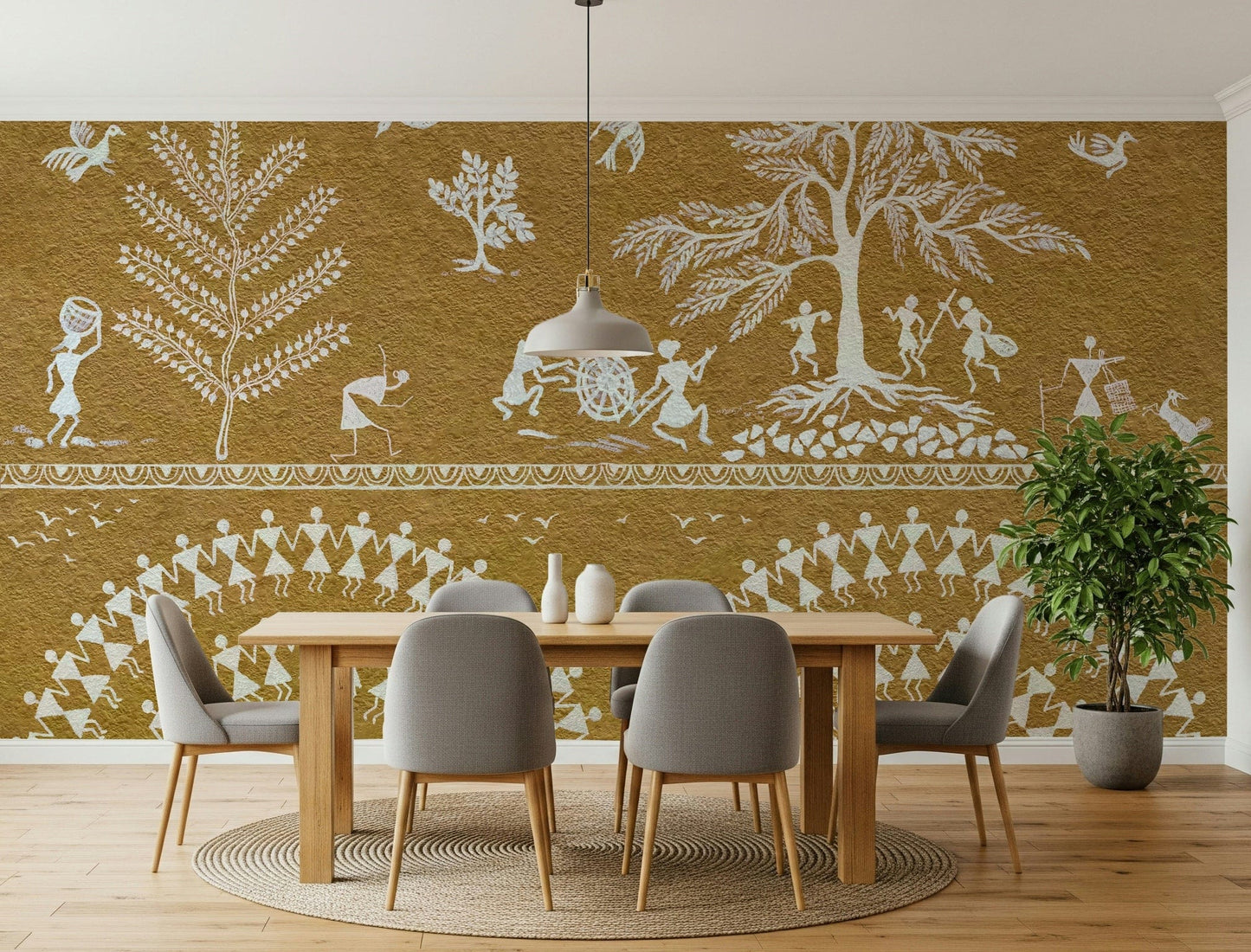 Artistic folk dance mural for an apartment entrance wall with plants., GD7581