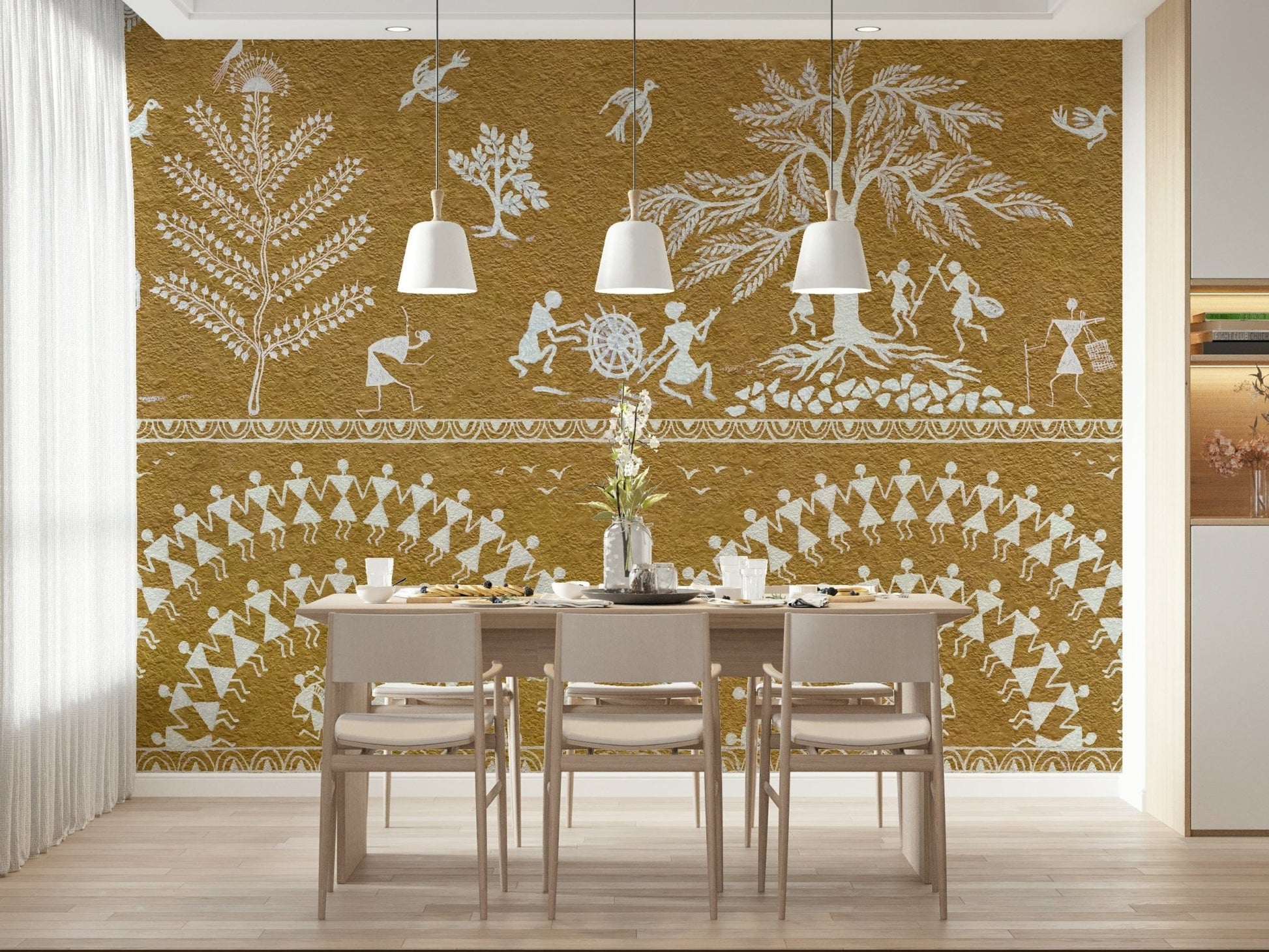 Tribal Dance Wall Mural behind a sofa set in a bright airy room., GD7581