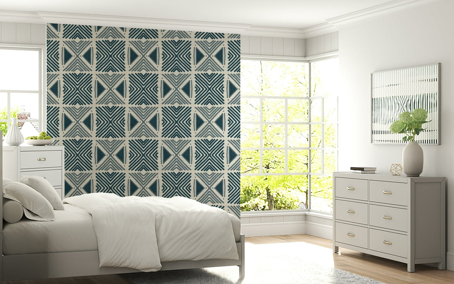Modern kitchen background featuring Tribal Denim Motif Wallpaper., GD6479