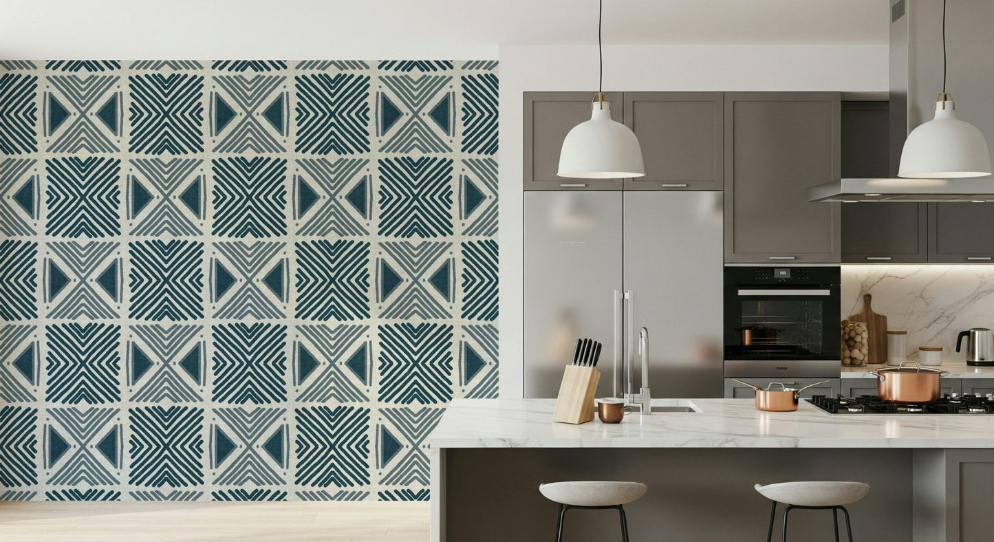Pattern repeat of the Tribal Denim Motif Wallpaper design., GD6479