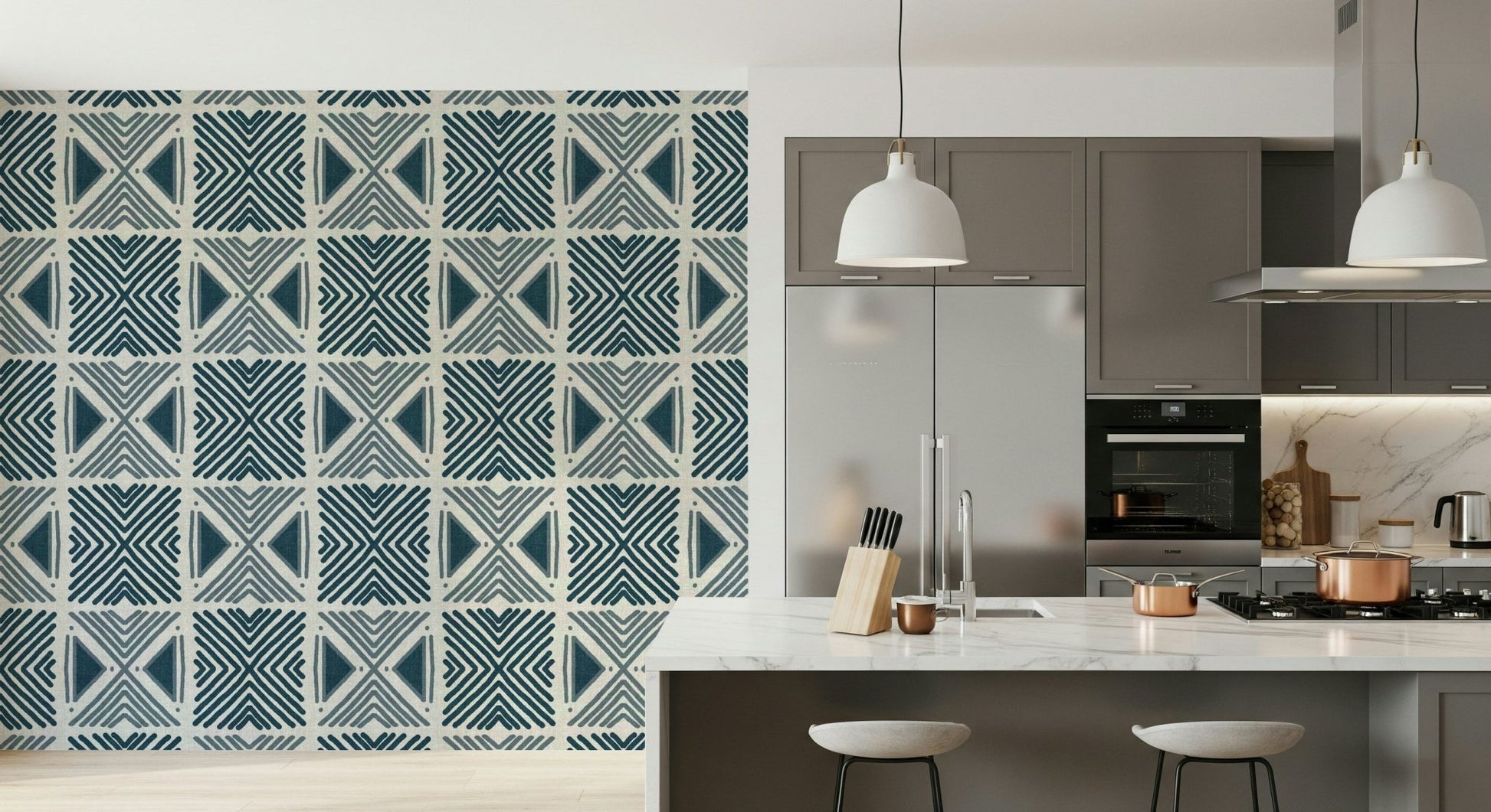 Pattern repeat of the Tribal Denim Motif Wallpaper design., GD6479