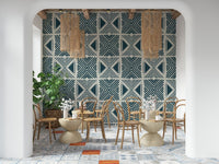 Artistic bedroom backdrop with Tribal Denim Motif Wallpaper., GD6479