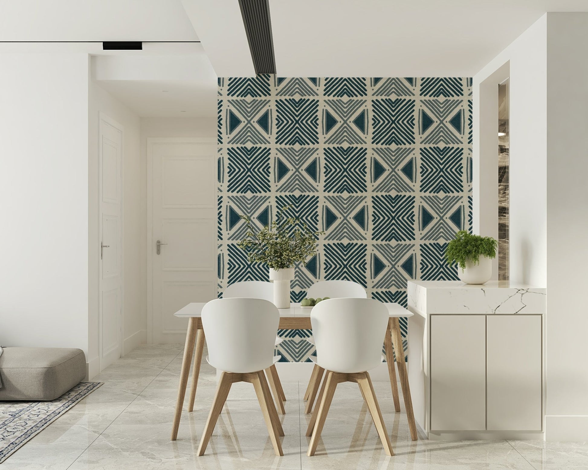 Repeating chevron lines on the Tribal Denim Motif Wallpaper design., GD6479