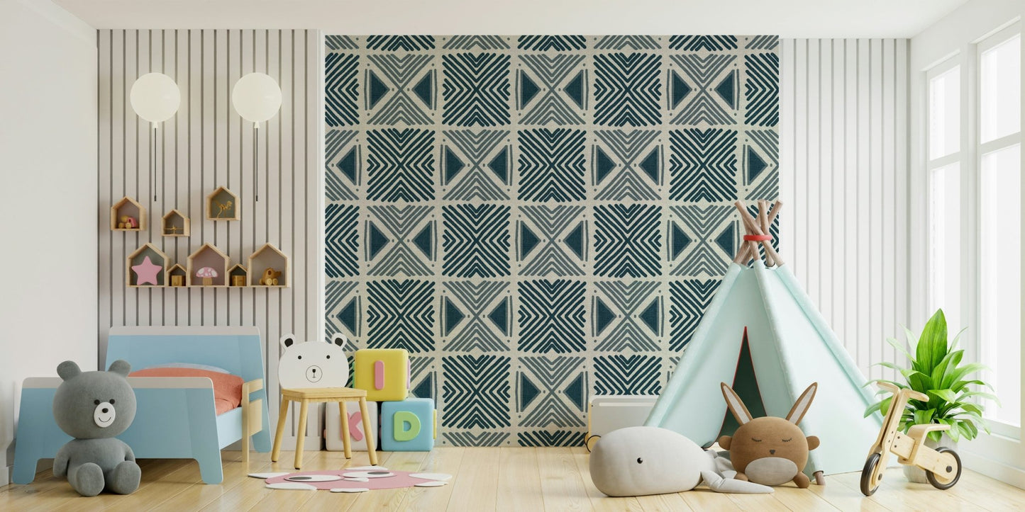 Deep indigo shades on Tribal Denim Motif Wallpaper pattern., GD6479