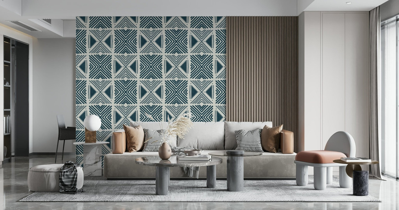 Tribal Denim Motif Wallpaper creating a chic lounge area.