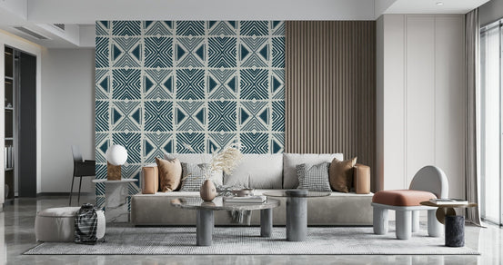 Tribal Denim Motif Wallpaper creating a chic lounge area., GD6479
