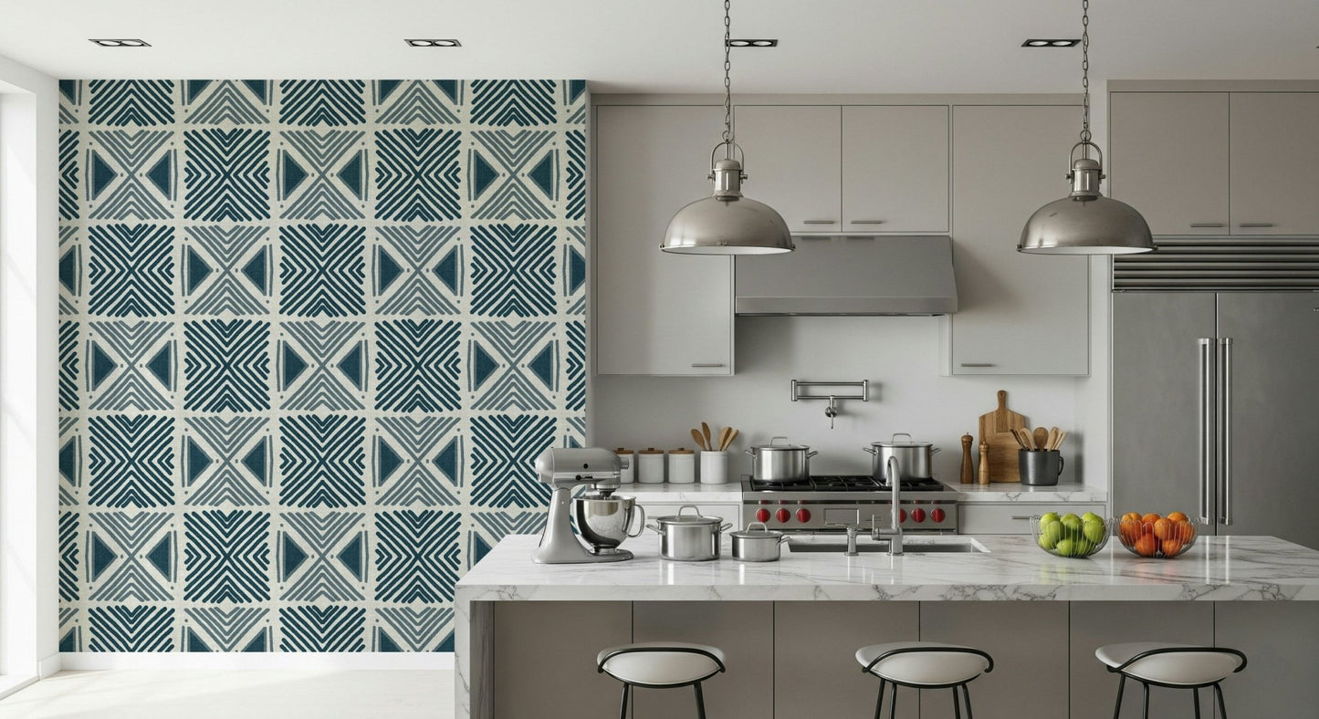 Subtle distressed texture on the Tribal Denim Motif Wallpaper., GD6479