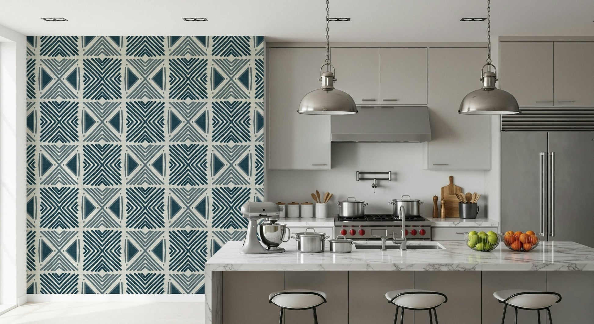 Subtle distressed texture on the Tribal Denim Motif Wallpaper., GD6479