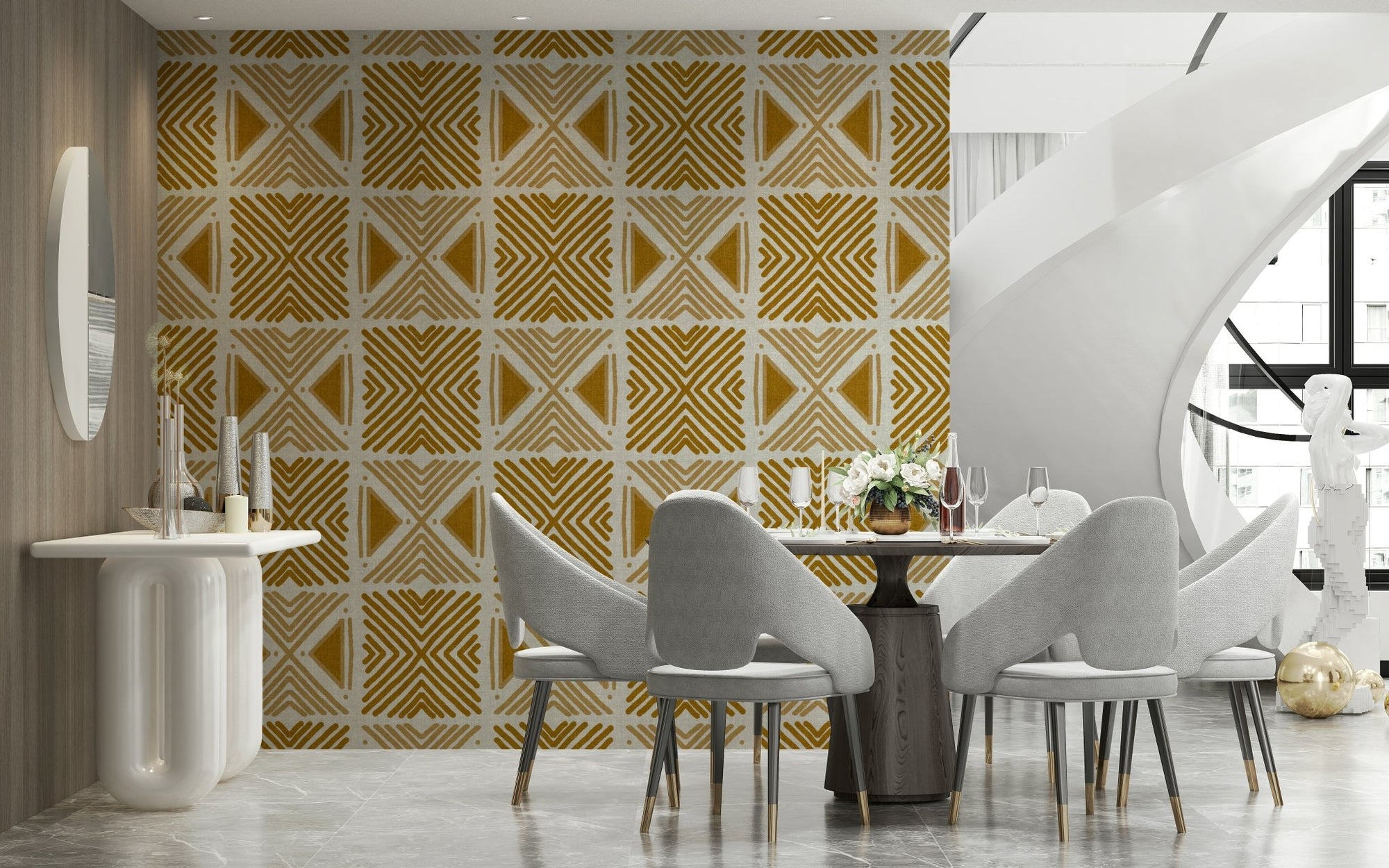 Tribal Foliage Motif Wallpaper in a stylish, bohemian living area., GD6480