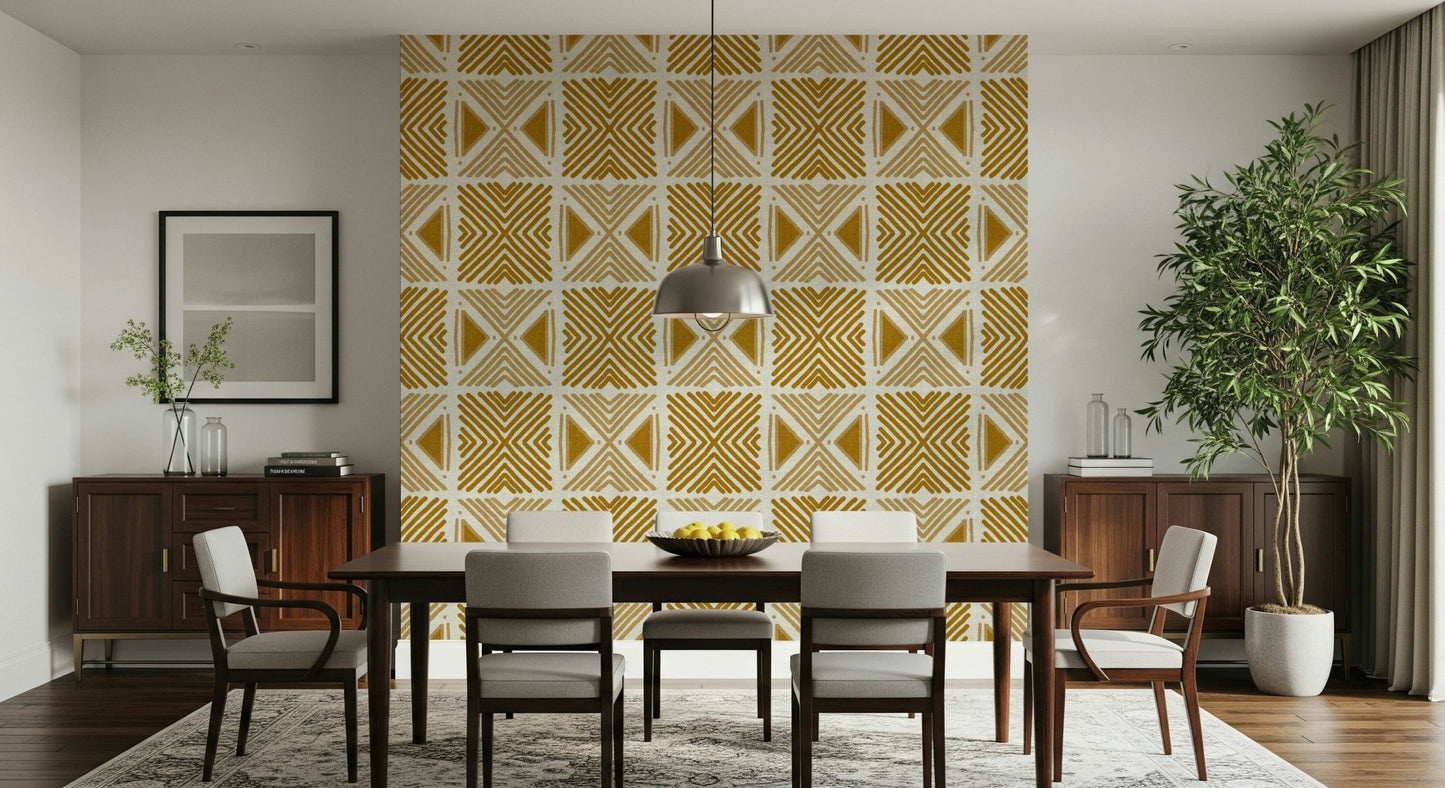 Abstract mustard yellow lines on Tribal Foliage Motif Wallpaper.