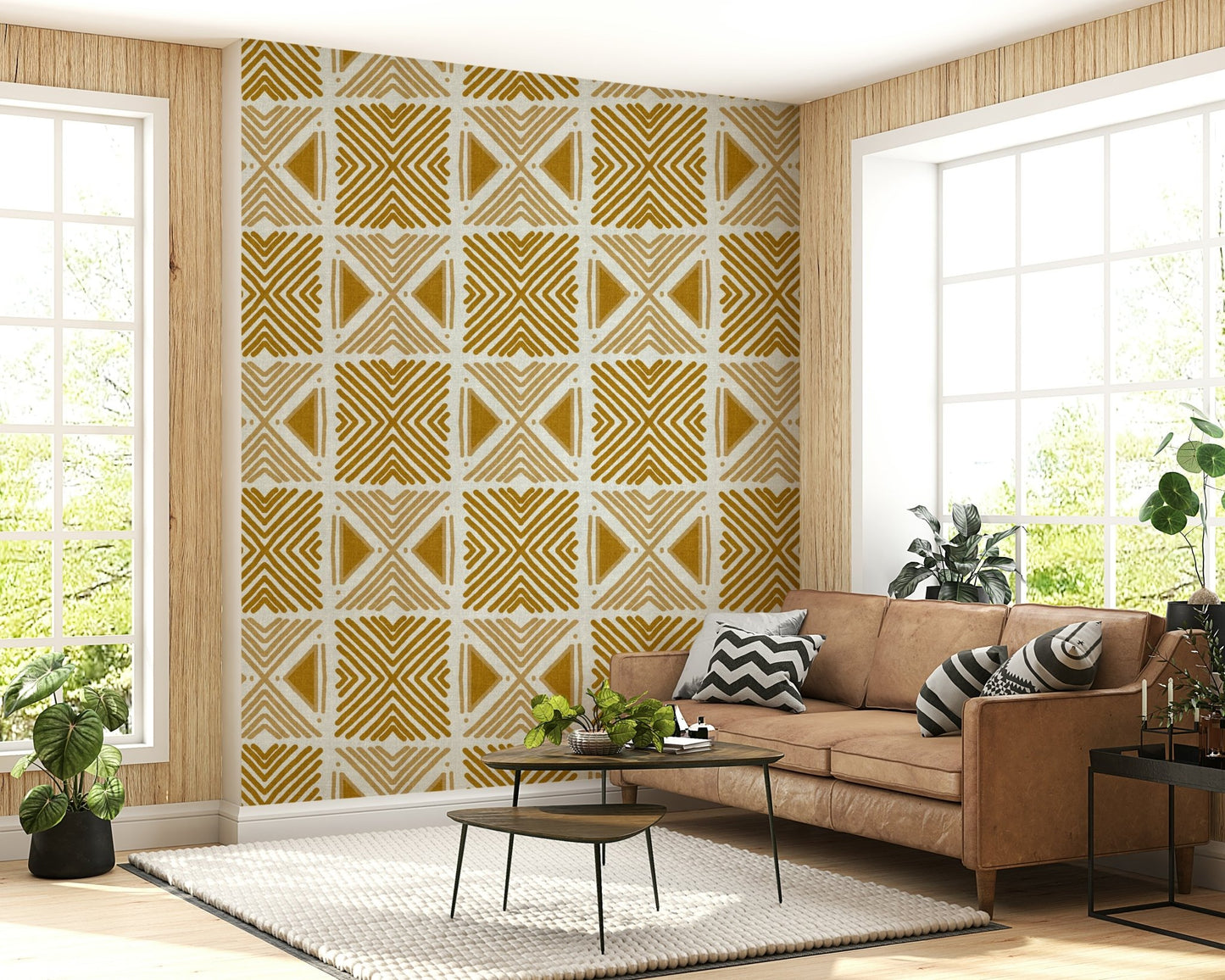 Abstract, pointed V shapes on Tribal Foliage Motif Wallpaper.