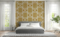 Earthy living room decor using the tribal motif wallpaper.