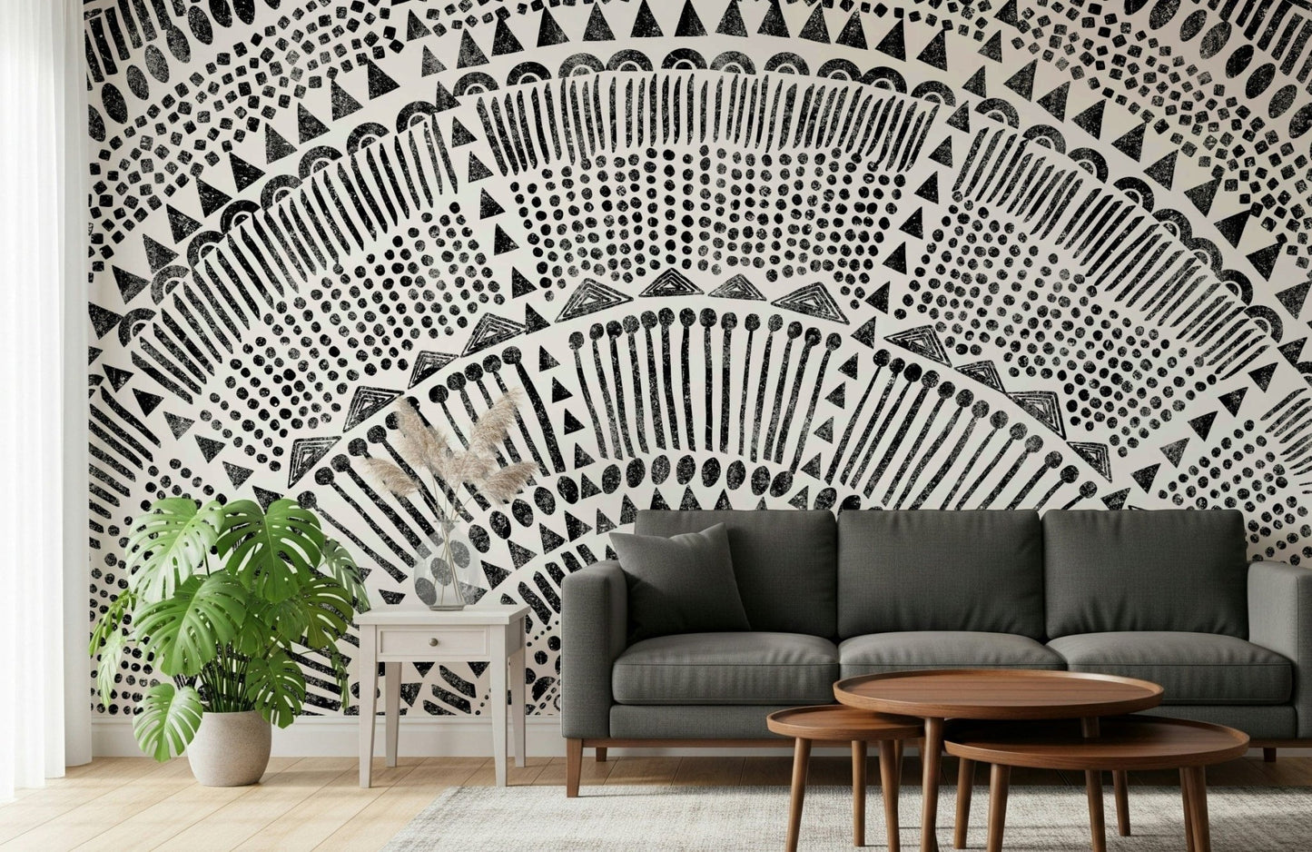 Geometric tribal half sun wall mural in an earthy tone wallpaper., GD7834