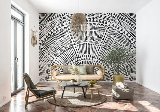 Tribal Half Sun Wall Mural in a minimalist living room wallpaper.