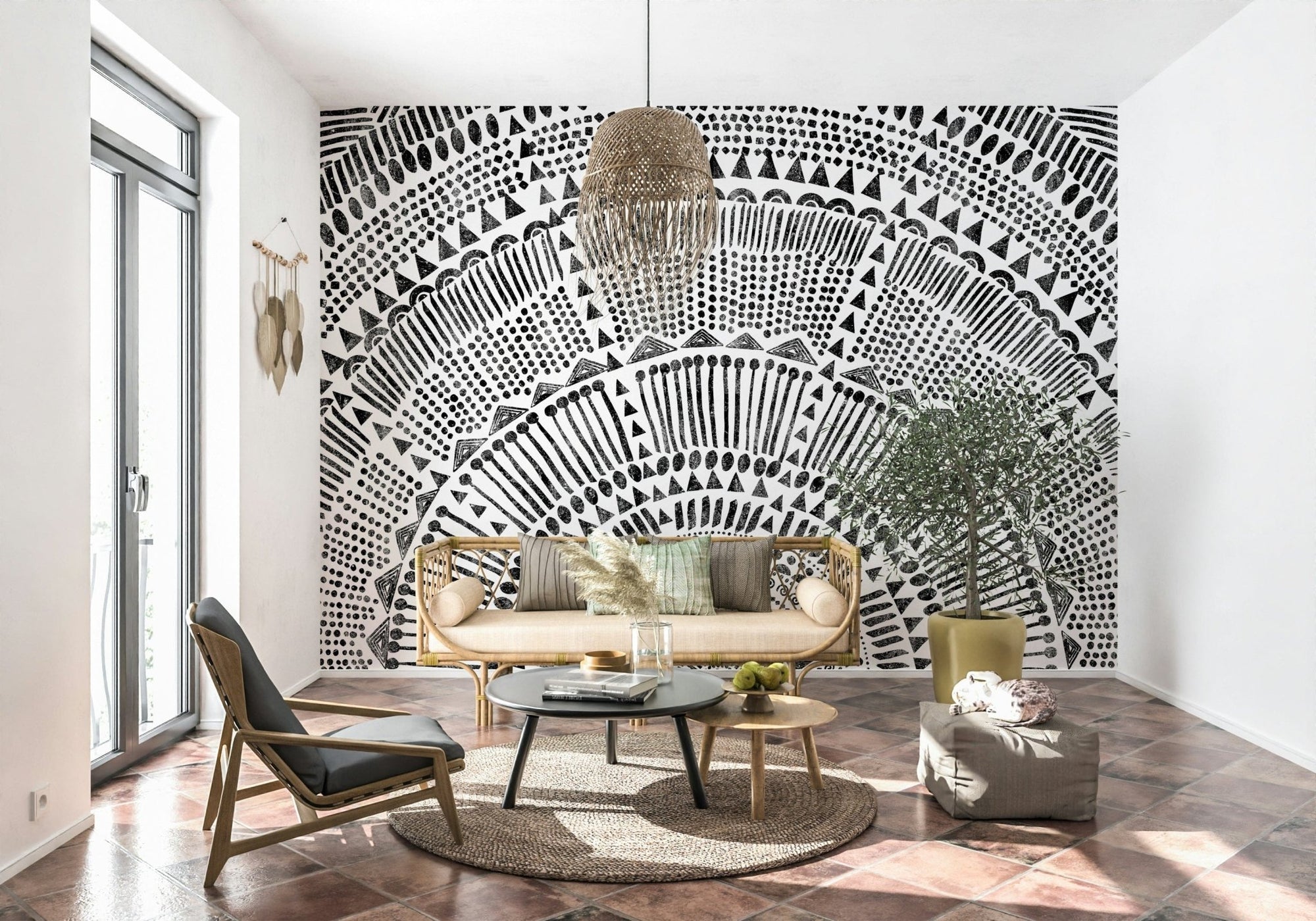 Tribal Half Sun Wall Mural in a minimalist living room wallpaper., GD7834