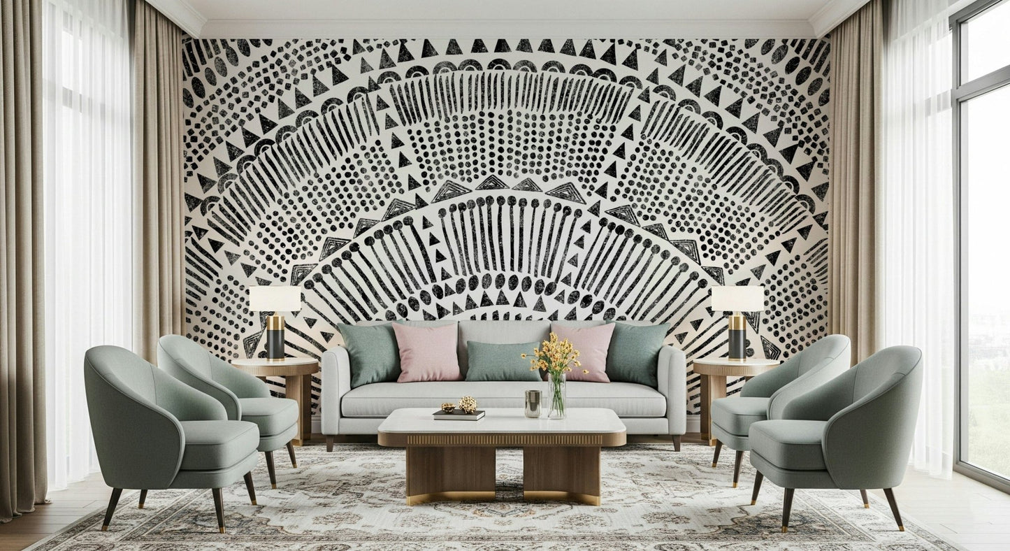 Terracotta and cream half sun wallpaper for a modern bedroom wall mural., GD7834