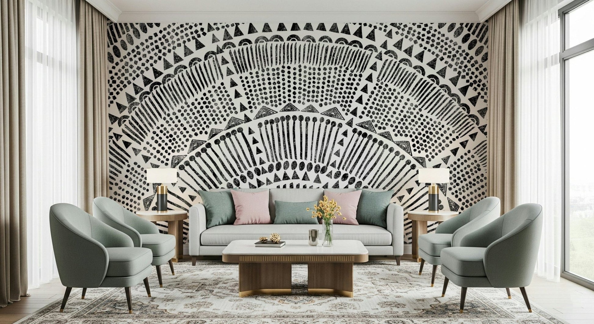 Terracotta and cream half sun wallpaper for a modern bedroom wall mural., GD7834