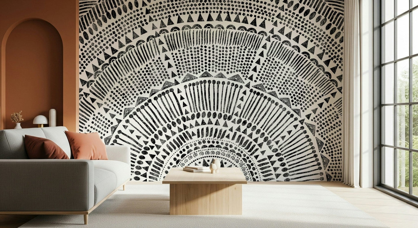 Tribal Half Sun Wall Mural on a rustic feature wall wallpaper., GD7834
