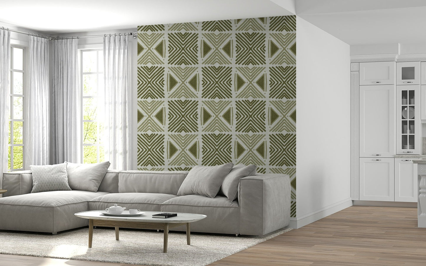 Olive green geometric Tribal Herbs Motif Wallpaper decor